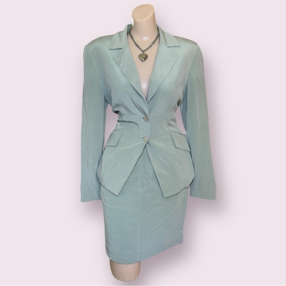 Hugo Buscati Dresses & Skirts - Vintage Hugo Buscati Silk Blazer + Mini Skirt Set – Mint Green, Power Femme